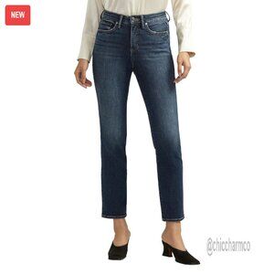 High Rise Straight Leg Jeans Stretch Denim Ankle Crop